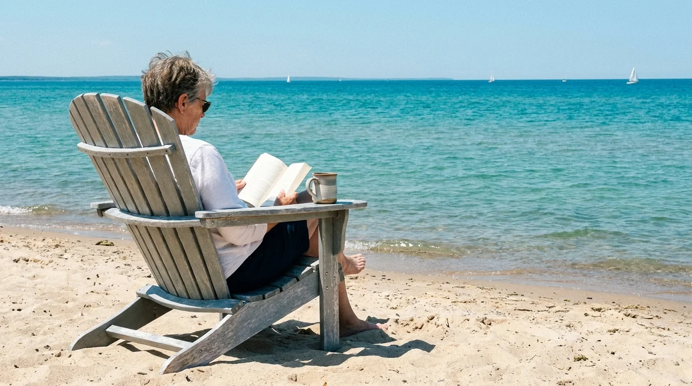 A person sitting in an Adirondack chair on a beach overlooking the clear blue water of Grand Traverse Bay.