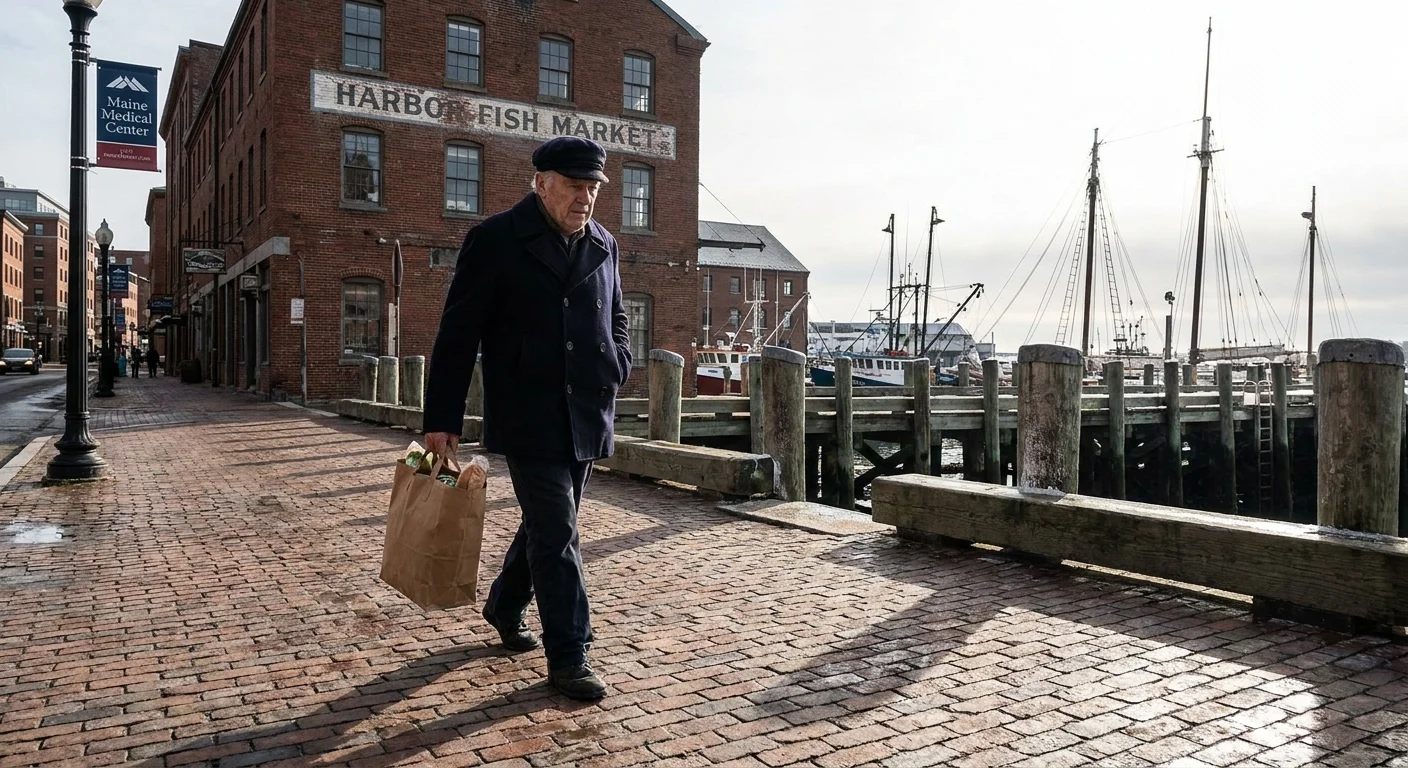 A person walks through the historic brick streets of Portland, Maine, near the waterfront.