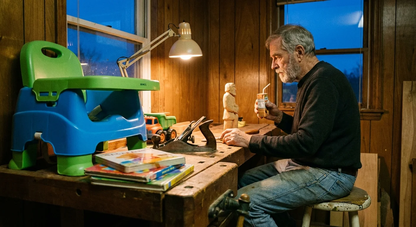A photo of a grandfather's woodworking bench cluttered with plastic toddler toys and a juice box, showing a loss of hobby time.