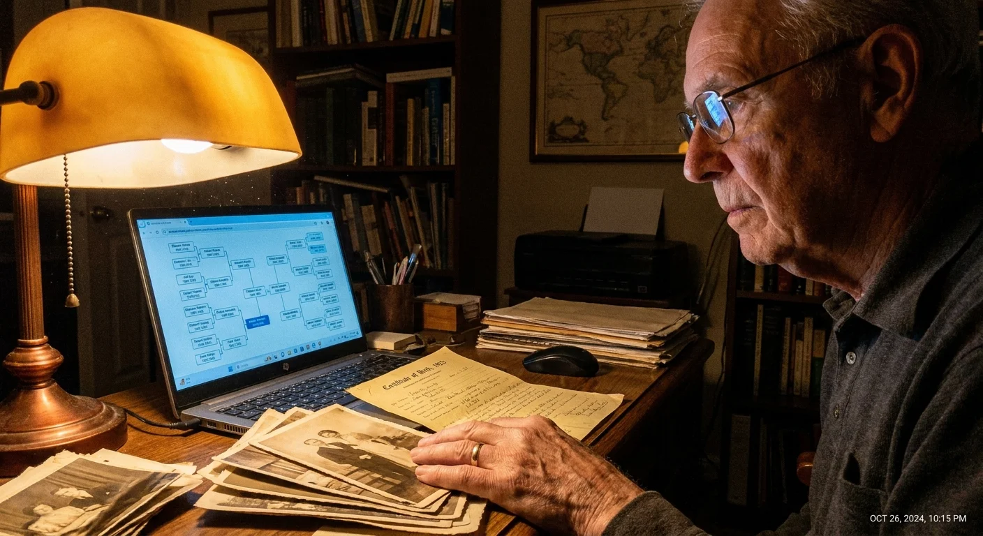 A photograph of a man researching his family history with old photos and a laptop in a cozy, lamp-lit office.