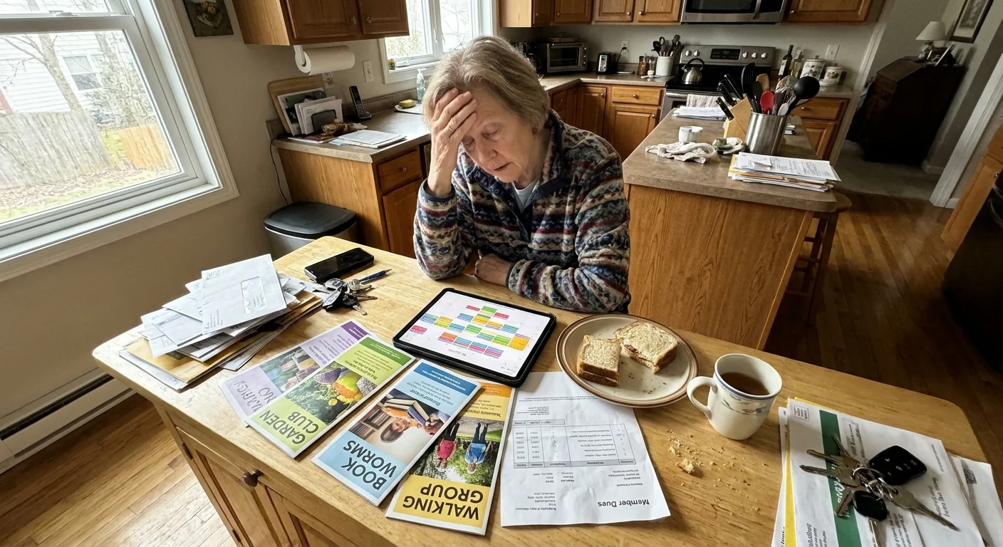 A photograph of a woman looking overwhelmed by a desk full of club brochures and a busy digital calendar.