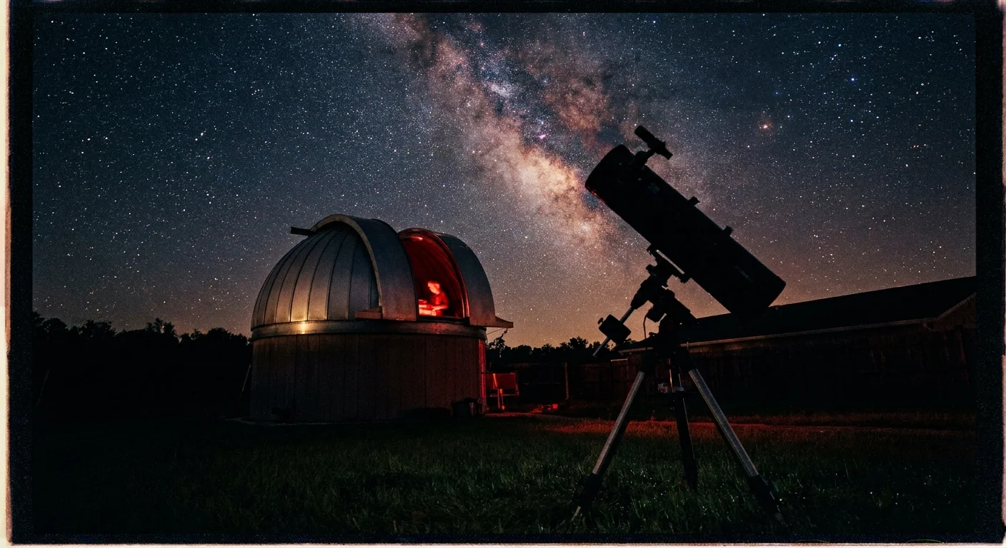A private backyard observatory dome open under a brilliant, star-filled Milky Way sky.