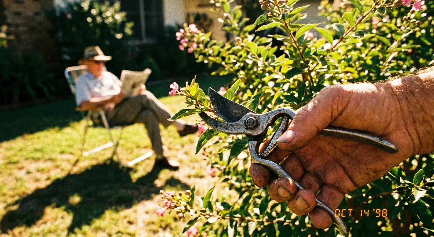 A professional gardener's hands pruning a bush while the homeowner relaxes in the background.