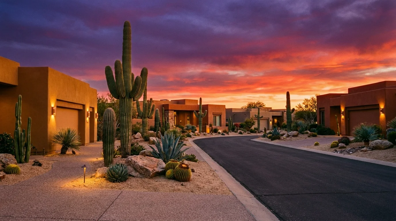 A quiet, upscale residential street in Scottsdale, Arizona, with cacti and a desert sunset.