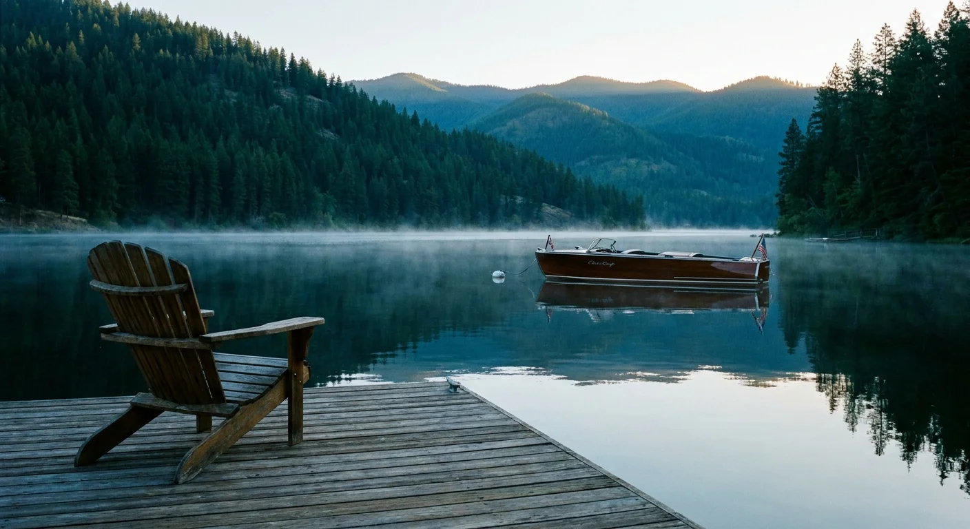 A quiet wooden dock and an empty chair on the shore of a misty Lake Coeur d'Alene at sunrise.