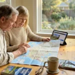 A retired couple at a kitchen table looking at a map and tablet, planning their next move to a surprise retirement destination.