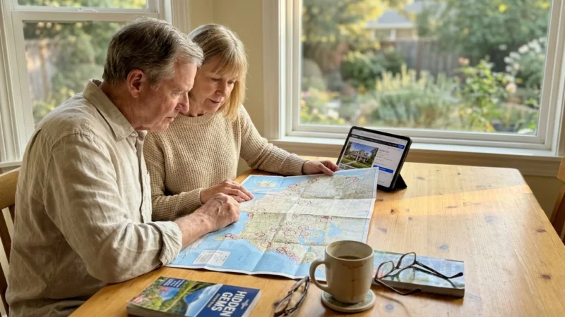 A retired couple at a kitchen table looking at a map and tablet, planning their next move to a surprise retirement destination.