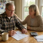 A retired couple at their kitchen table looking concerned while reviewing a property tax assessment form and financial papers.