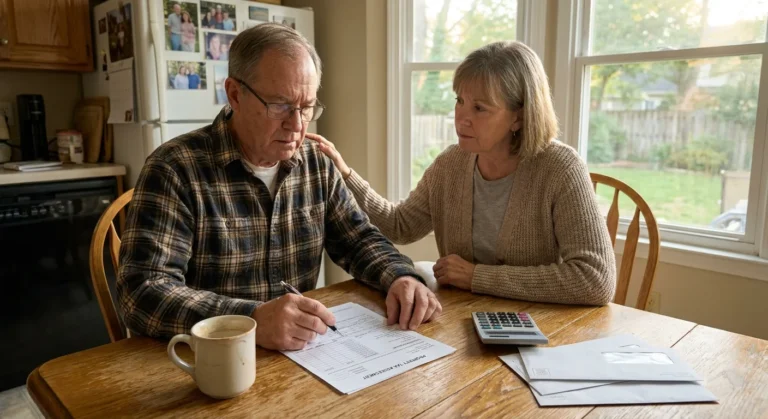 A retired couple at their kitchen table looking concerned while reviewing a property tax assessment form and financial papers.