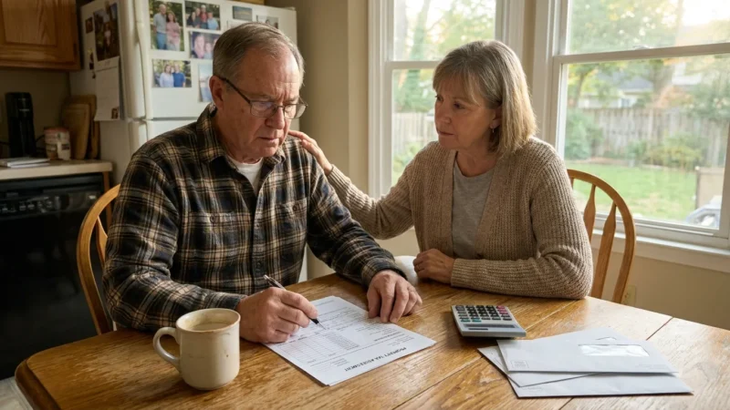 A retired couple at their kitchen table looking concerned while reviewing a property tax assessment form and financial papers.