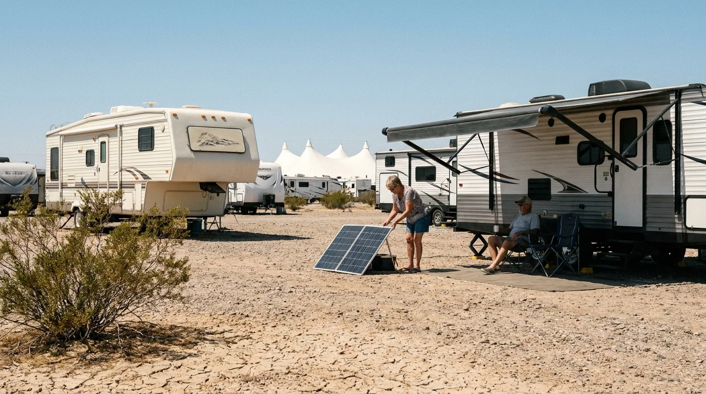 A retired couple camping in the Quartzsite desert with their RV and solar panels under a bright blue sky.