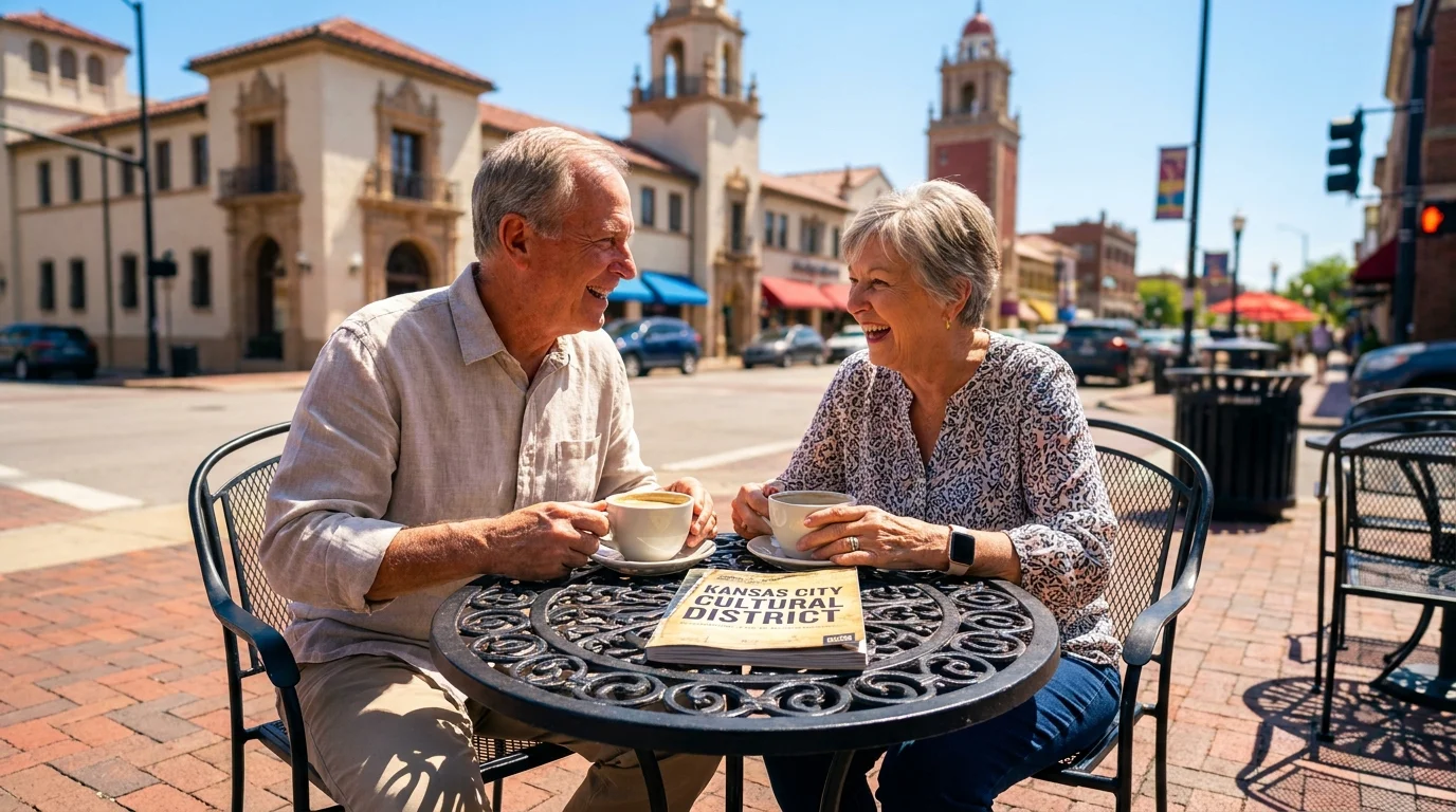 A retired couple enjoying coffee at an outdoor cafe in a Missouri city, with cultural architecture in the background.