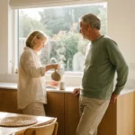 A retired couple enjoying coffee in their bright, modern, and uncluttered downsized kitchen with soft morning light.