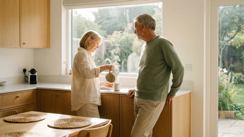 A retired couple enjoying coffee in their bright, modern, and uncluttered downsized kitchen with soft morning light.