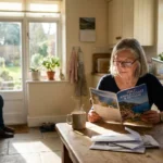 A retired couple in a sunlit kitchen, one looking at a travel brochure and the other staring out the window, illustrating the shift in relat