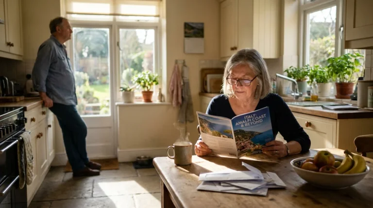 A retired couple in a sunlit kitchen, one looking at a travel brochure and the other staring out the window, illustrating the shift in relat