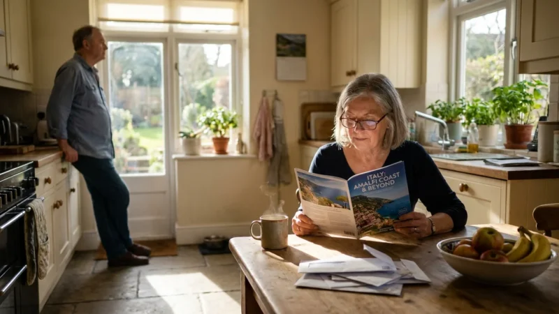 A retired couple in a sunlit kitchen, one looking at a travel brochure and the other staring out the window, illustrating the shift in relat