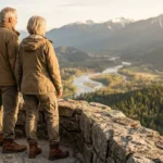 A retired couple in hiking gear stands on a rocky mountain overlook, gazing at a vast valley with a winding river and snow-capped peaks.