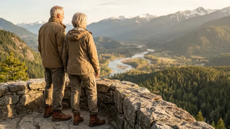 A retired couple in hiking gear stands on a rocky mountain overlook, gazing at a vast valley with a winding river and snow-capped peaks.
