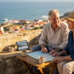 A retired couple in their 60s sits on a sunlit terrace in Portugal overlooking the ocean, looking at a map and tablet together.