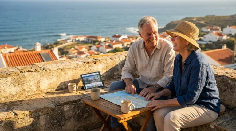 A retired couple in their 60s sits on a sunlit terrace in Portugal overlooking the ocean, looking at a map and tablet together.