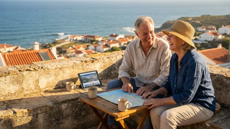 A retired couple in their 60s sits on a sunlit terrace in Portugal overlooking the ocean, looking at a map and tablet together.