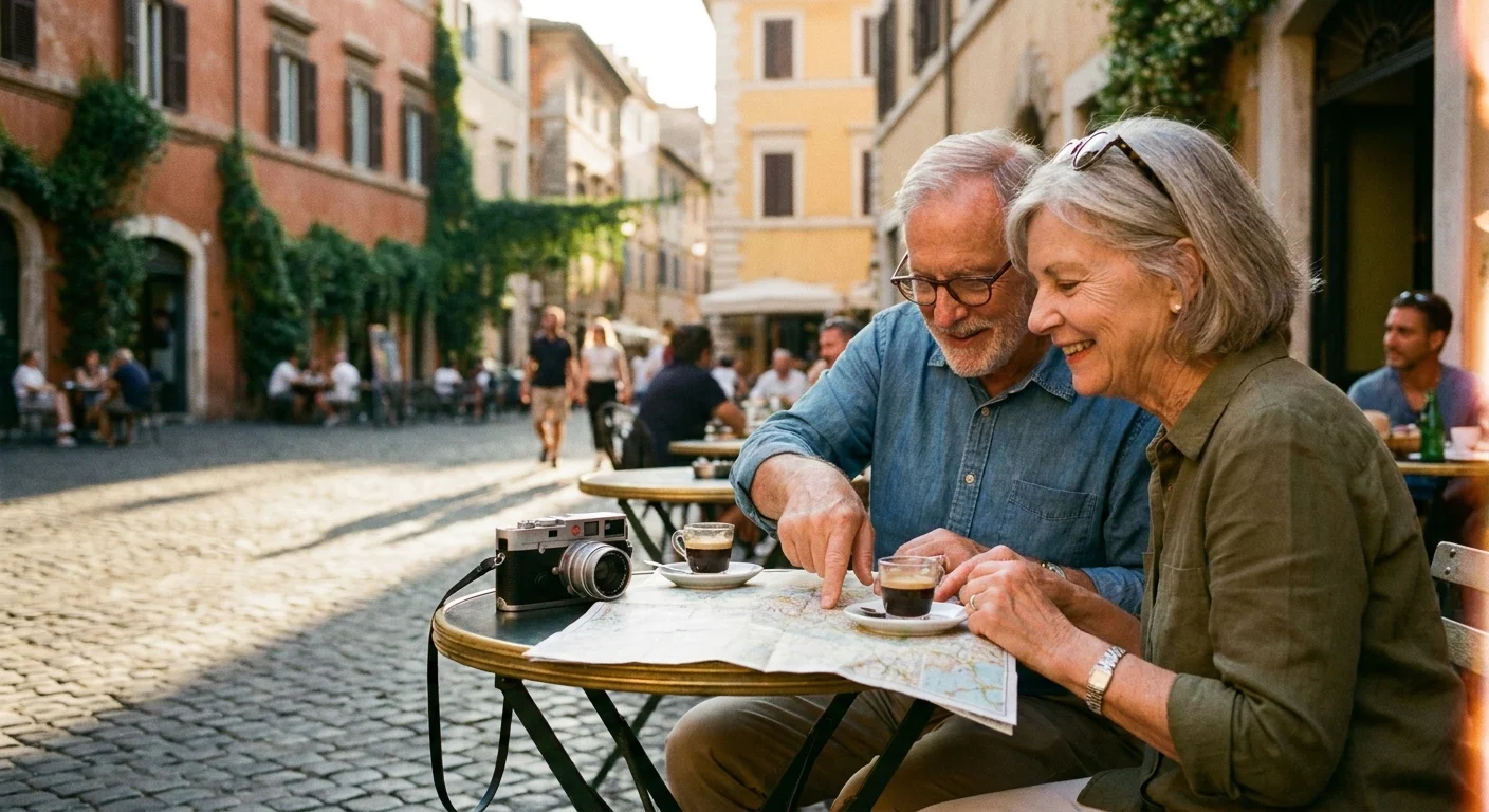 A retired couple planning a trip at an outdoor cafe, representing the lifestyle funded by extra work income.