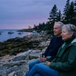 A retired couple sits on a coastal bench in Maine at twilight, looking out at a harbor with lobster boats.
