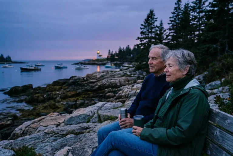 A retired couple sits on a coastal bench in Maine at twilight, looking out at a harbor with lobster boats.