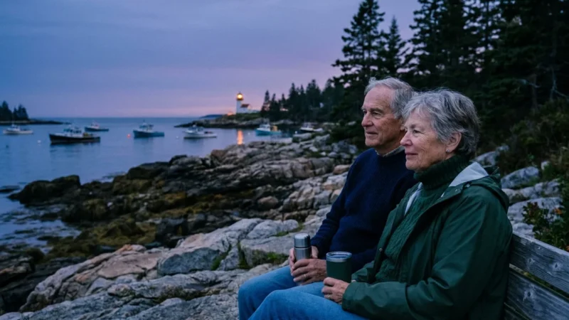 A retired couple sits on a coastal bench in Maine at twilight, looking out at a harbor with lobster boats.