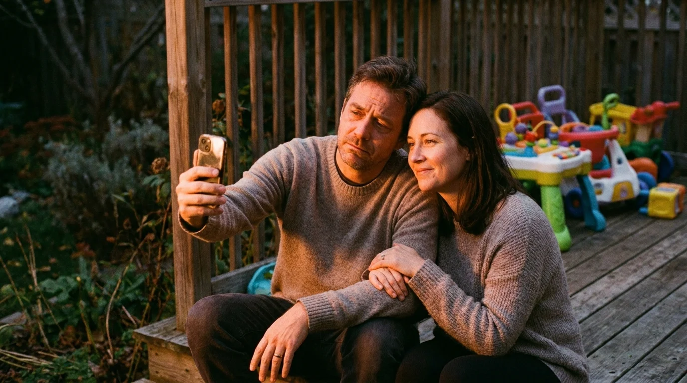 A retired couple sitting together on a deck, one holding a phone with a weary expression while the other offers support.