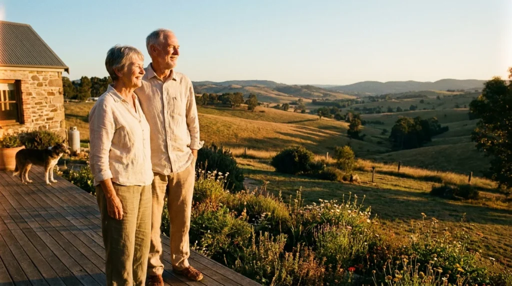 A retired couple standing on a wooden deck at sunset, looking out over a peaceful valley landscape with rolling green hills.