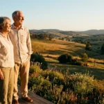 A retired couple standing on a wooden deck at sunset, looking out over a peaceful valley landscape with rolling green hills.