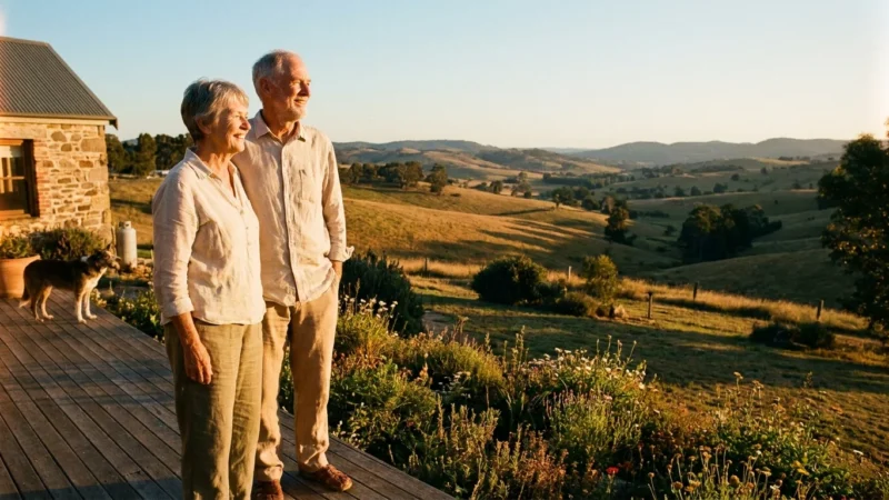 A retired couple standing on a wooden deck at sunset, looking out over a peaceful valley landscape with rolling green hills.