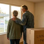 A retired couple stands in their empty, sunlit living room next to a moving box, looking out at a sold sign in the yard.