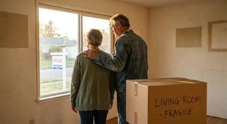A retired couple stands in their empty, sunlit living room next to a moving box, looking out at a sold sign in the yard.