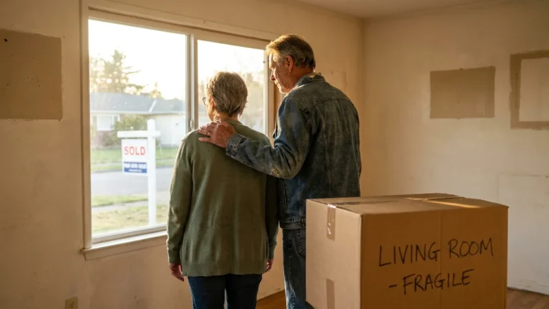 A retired couple stands in their empty, sunlit living room next to a moving box, looking out at a sold sign in the yard.