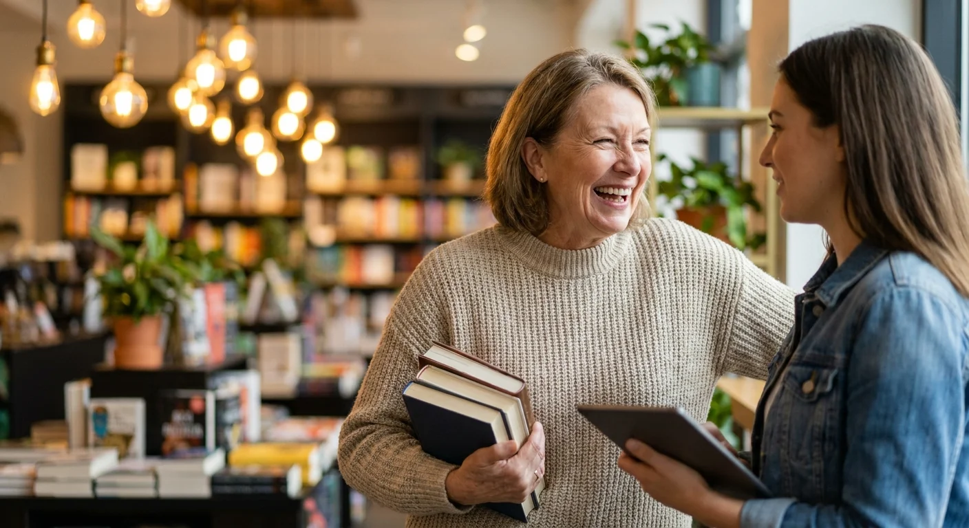 A retired woman smiling while working and talking with a younger colleague in a bookstore cafe.