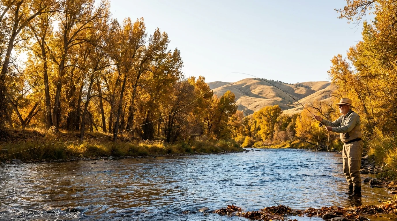 A retiree fly-fishing in the Boise River with the foothills in the background during a golden autumn afternoon.