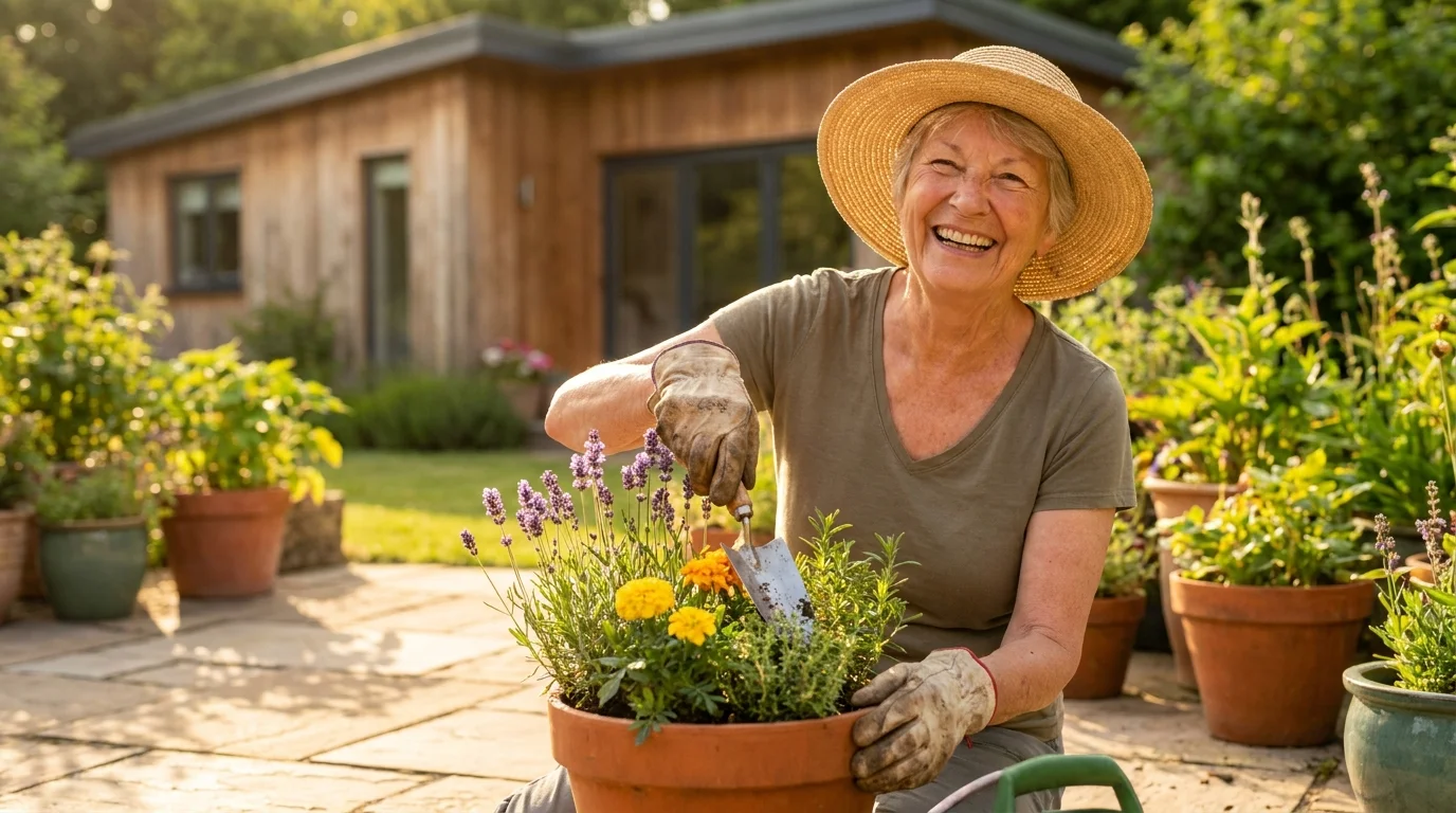 A retiree happily tending to a small, manageable container garden on a sunlit stone patio.