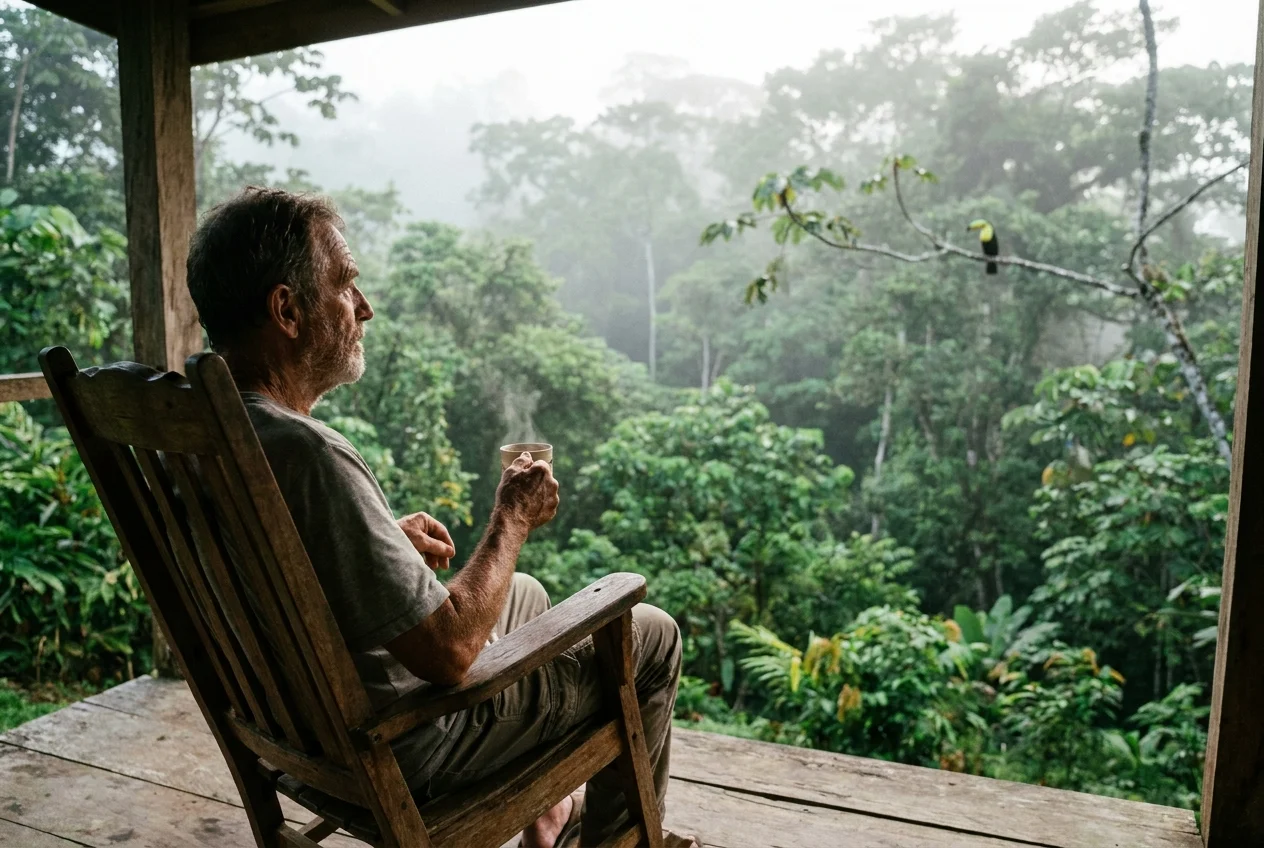 A retiree relaxing on an open-air terrace overlooking a misty Costa Rican rainforest, holding a cup of coffee.