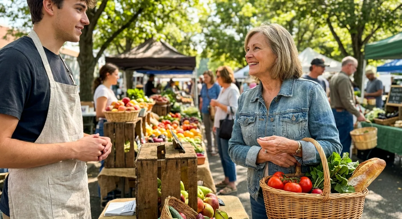 A retiree smiling while shopping at a local farmer's market, representing new community connections.