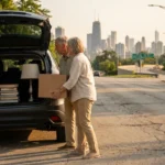 A retirement-age couple loads boxes into their car with a blurred city skyline in the background during golden hour.
