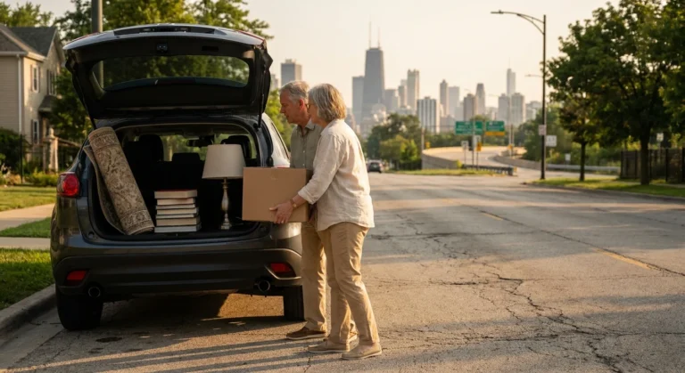 A retirement-age couple loads boxes into their car with a blurred city skyline in the background during golden hour.