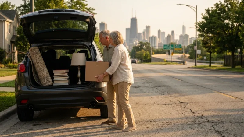 A retirement-age couple loads boxes into their car with a blurred city skyline in the background during golden hour.