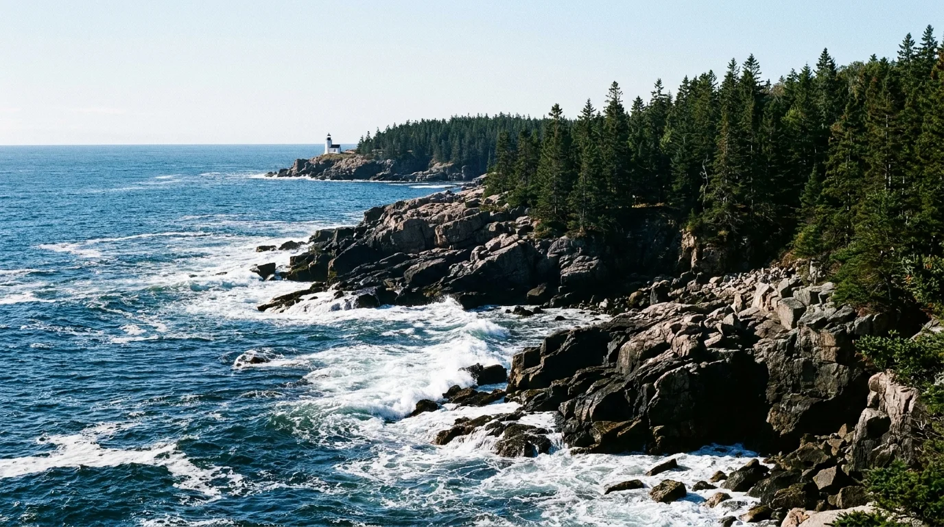A rugged granite coastline in Maine with pine forests and crashing ocean waves.