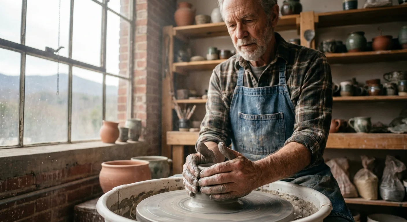 A senior artist shaping clay on a pottery wheel in an Asheville studio with mountain views.
