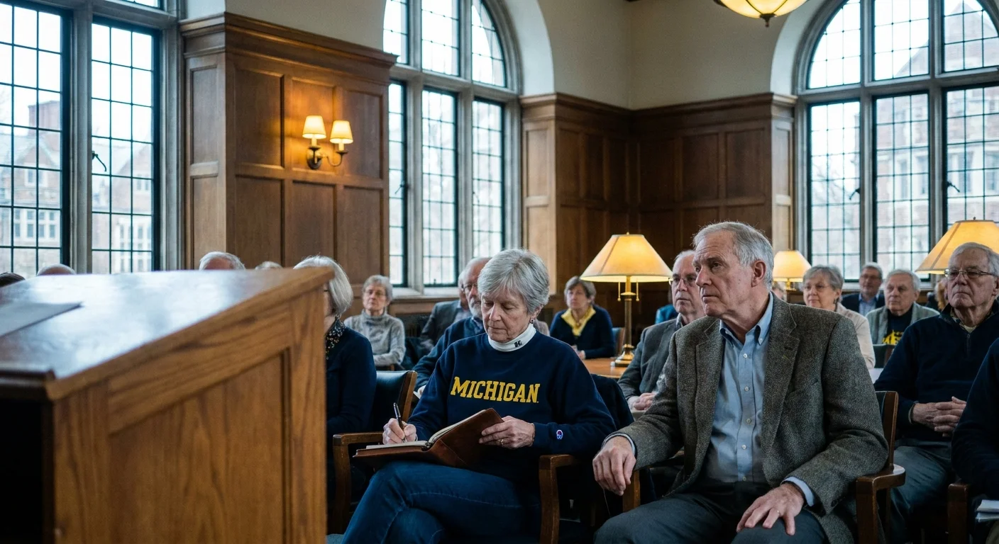 A senior couple attentively listening to a lecture in a wood-paneled hall, representing the lifelong learning culture in Ann Arbor.