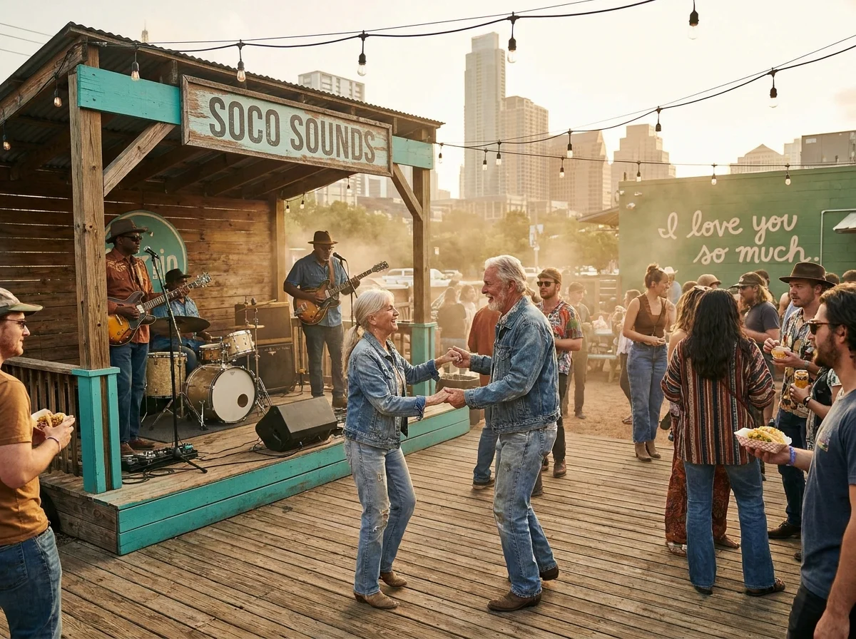A senior couple dancing to live music at an outdoor venue in Austin, Texas.