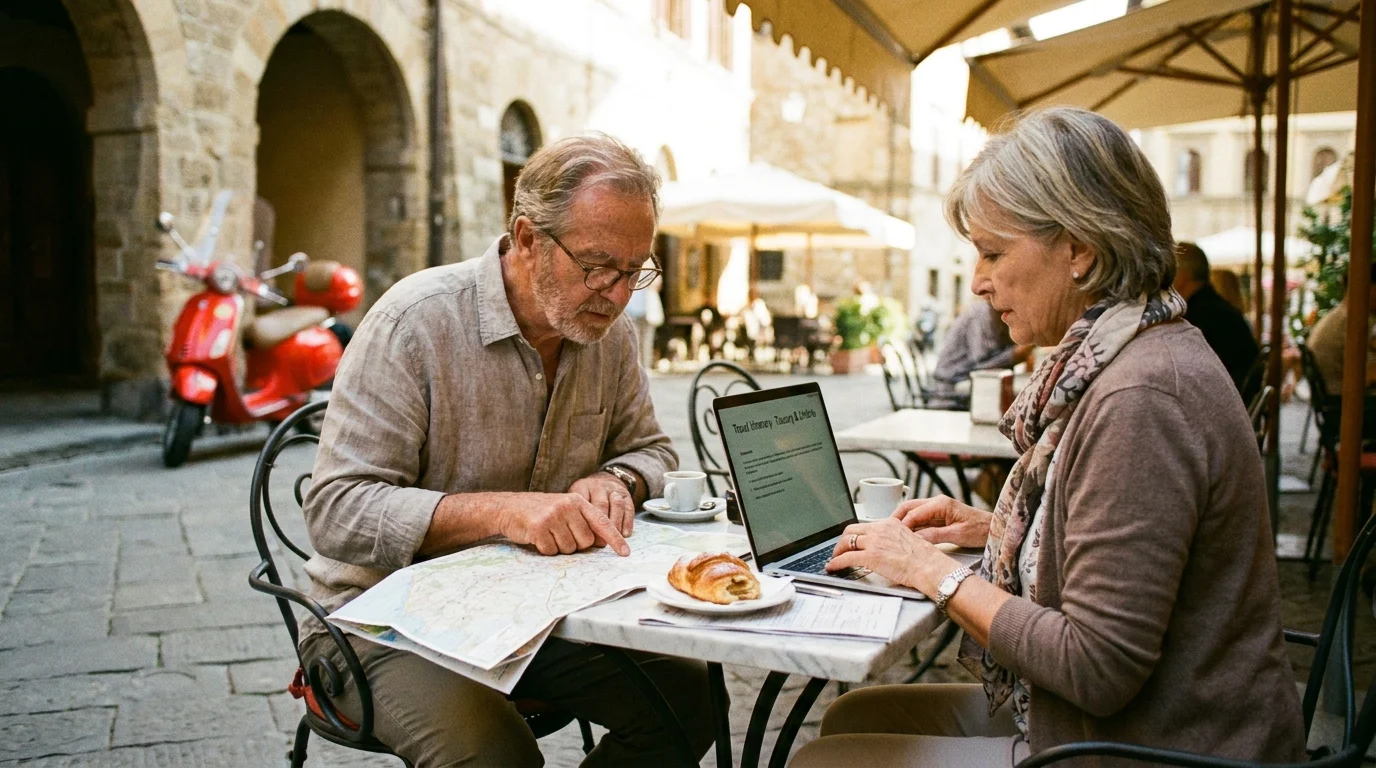 A senior couple enjoying coffee at a European cafe while one works on a laptop, illustrating the roam-working trend.